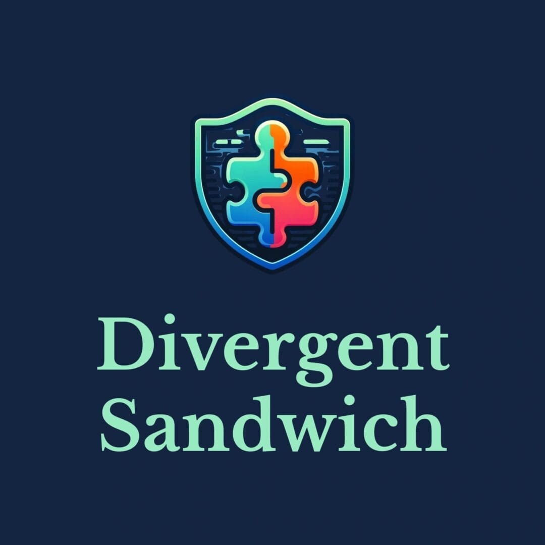 A blue and green logo with the words divergent sandwich underneath.