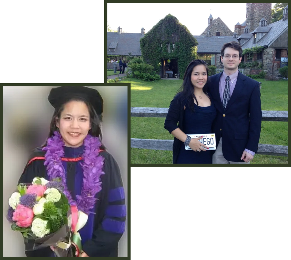 A collage of two pictures with a woman holding flowers and a man in suit.