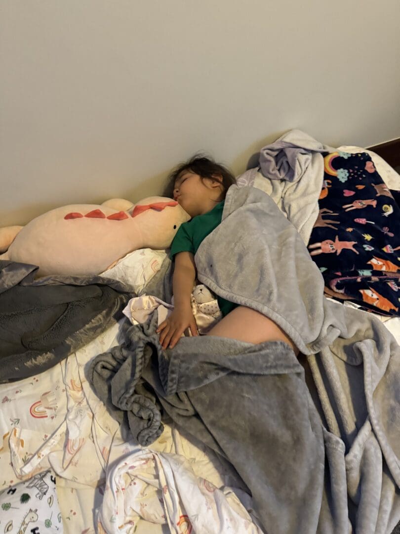 Child sleeping with stuffed dinosaur.