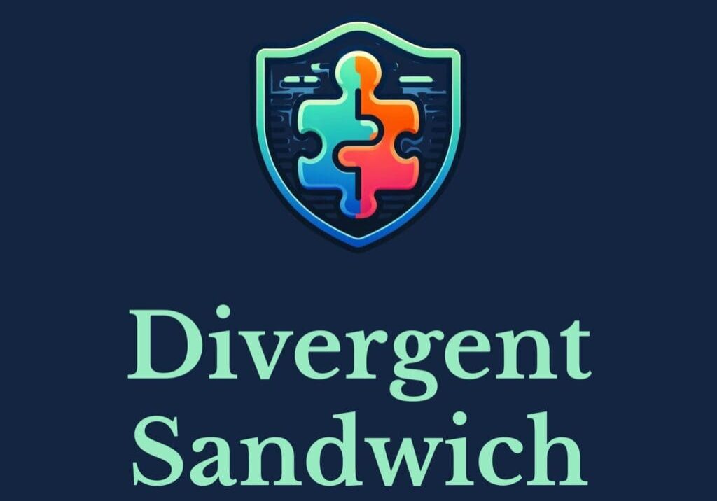 A blue and green logo with the words divergent sandwich underneath.