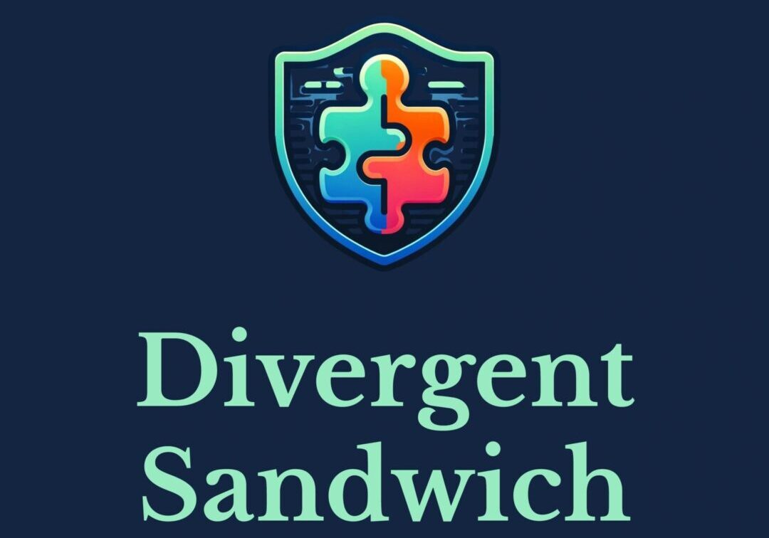 A blue and green logo with the words divergent sandwich underneath.